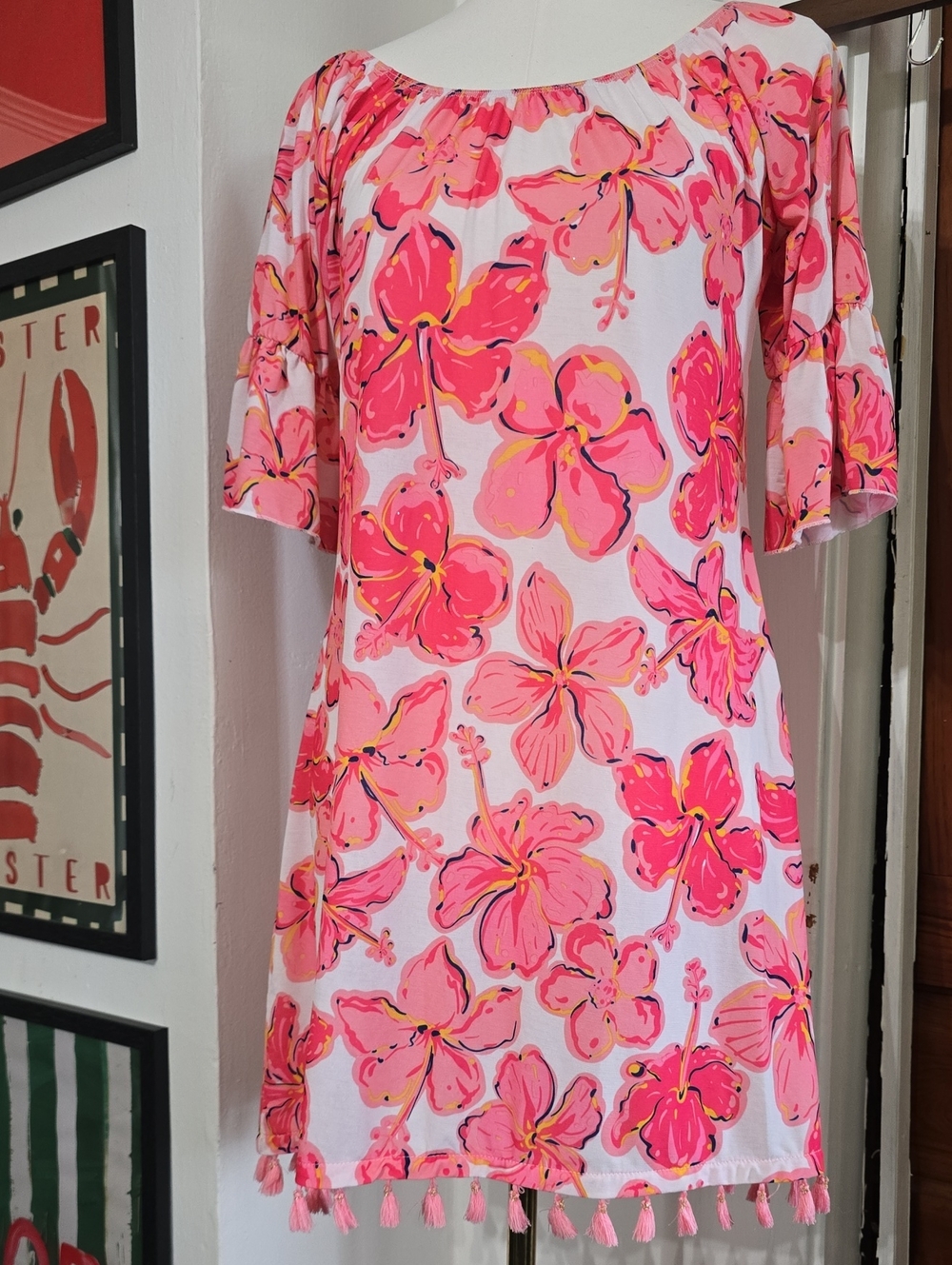Simply Southern Pink Floral Off-Shoulder Tassel-Hem Tunic Shirt Dress